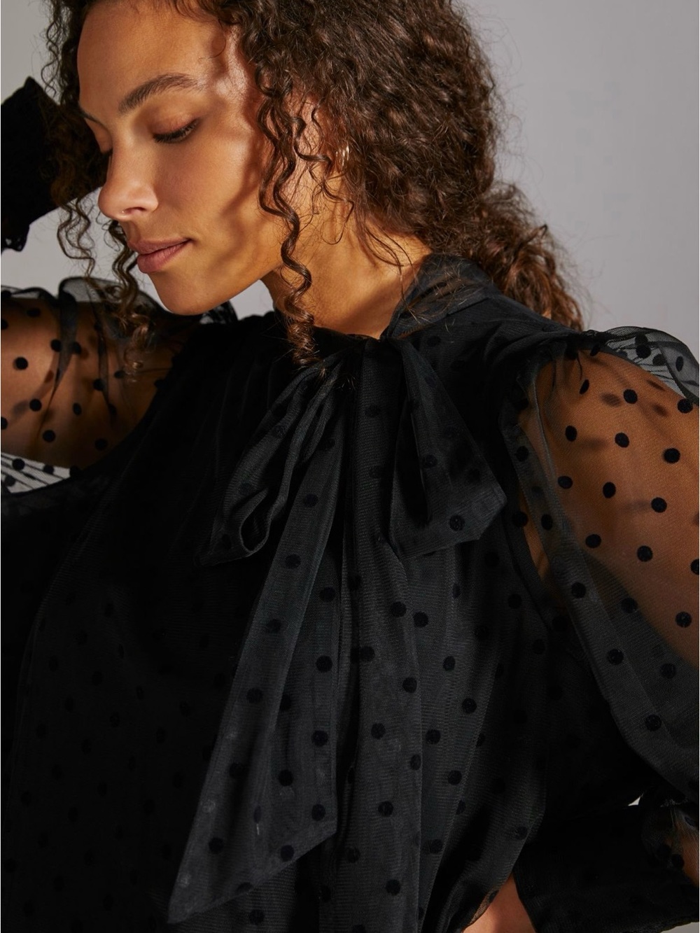 Maeve Sheer Black Polka Dot Tie-Neck Blouse - Picture 2 of 5